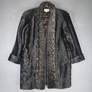 Vintage Cache Overcoat Womens Small Brown Leopard Faux Fur Animal Print 90s USA
